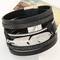 Feather Leaves Wide Magnetic Leather Bracelet