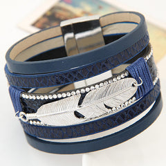 Feather Leaves Wide Magnetic Leather Bracelet