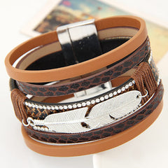 Feather Leaves Wide Magnetic Leather Bracelet